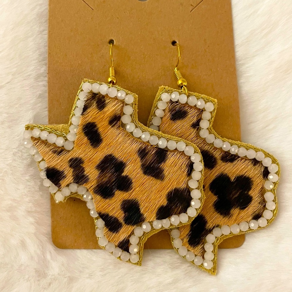 Faux Leather HOH Beaded Texas Shape Leopard Earrings